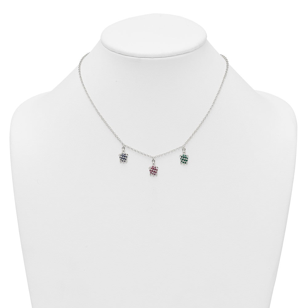Sterling Silver Polished Green/Red/Blue Nano Crystal Turtles 16 inch Necklace