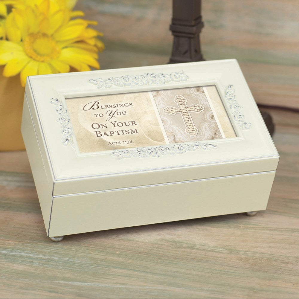 Blessings On Your Baptism White Polymer Musical (Plays Jesus Loves Me) Jewelry Box with Black Velvety Lining