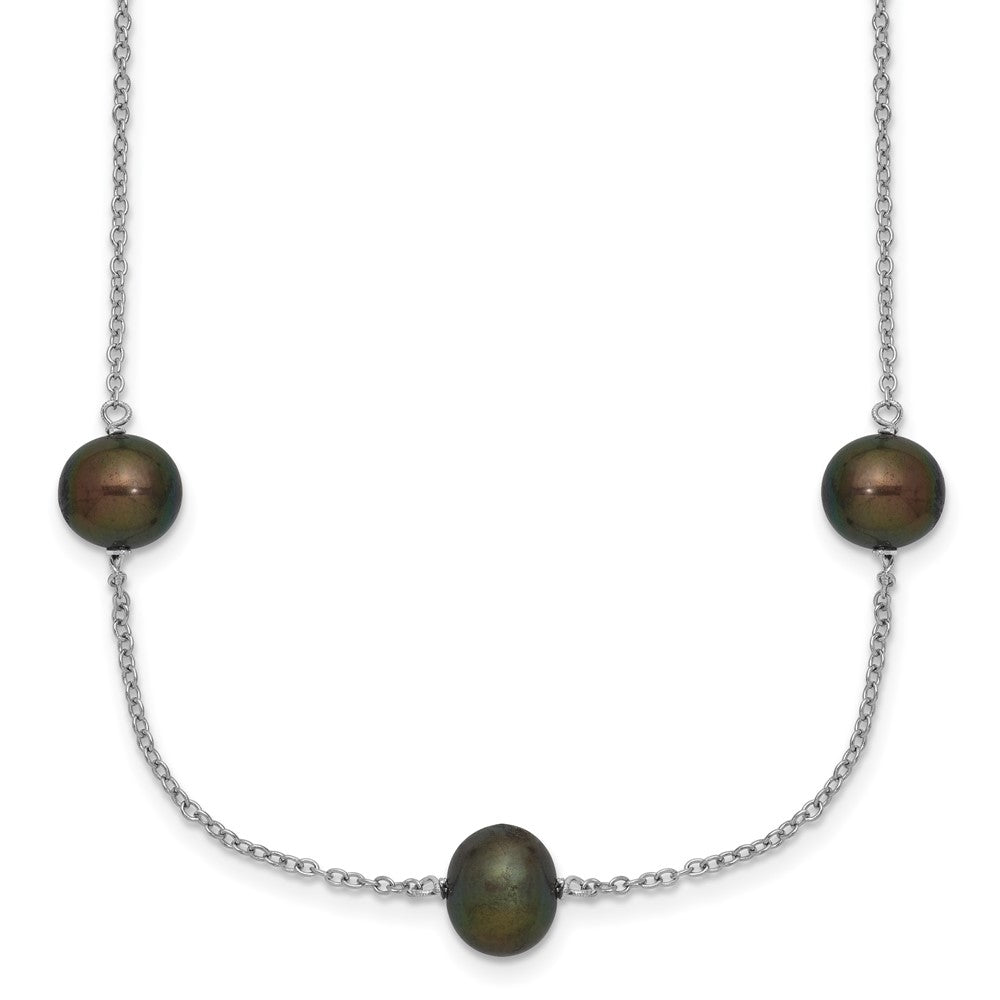 Sterling Silver Rhodium-plated 7-8mm Black Semi-Round Freshwater Cultured Pearl 9-Station 18 inch Necklace 18 Inches