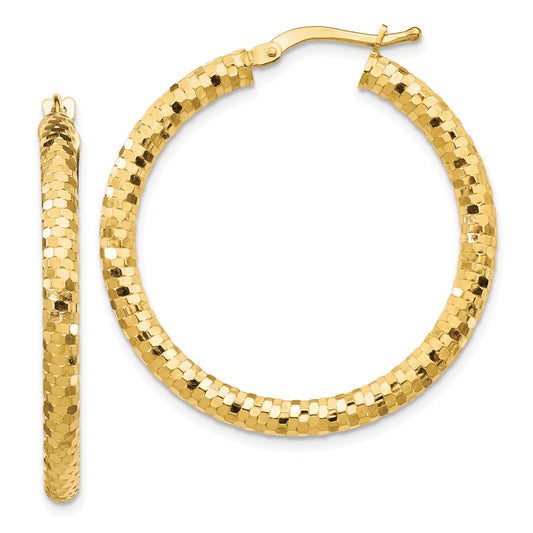 10K 3x32mm Diamond-cut Hoop Earrings