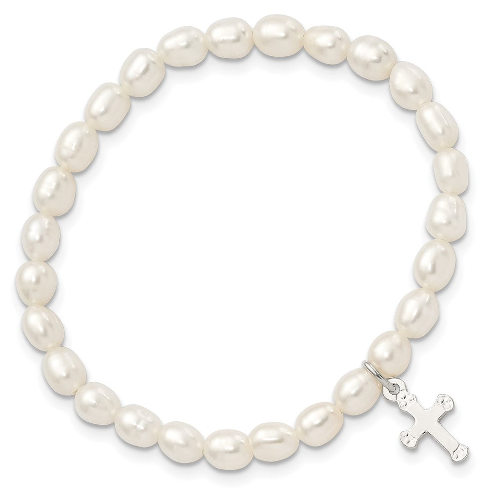 Sterling Silver Polished FWC Pearl & Cross Children's Stretch Bracelet 5 inches