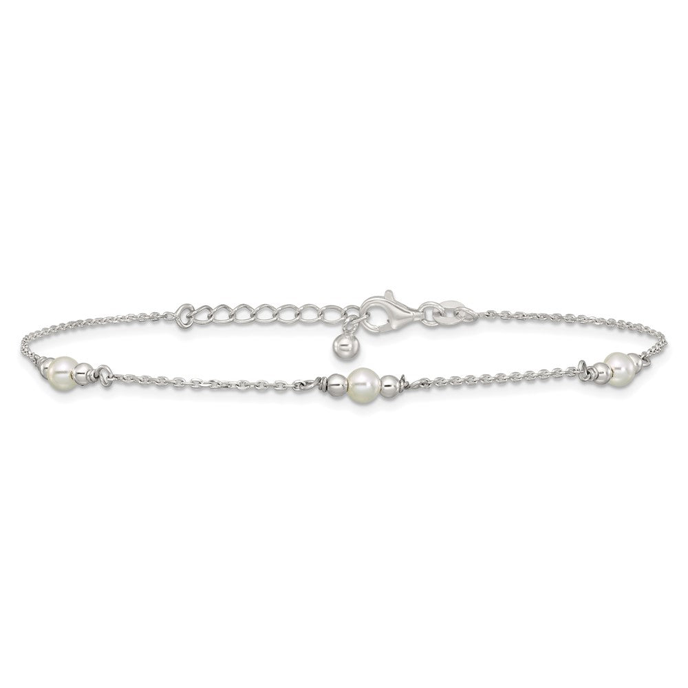Sterling Silver Polished and Beaded with Acrylic Pearl 9 in with 1 inch Extension Anklet