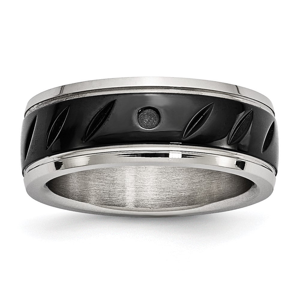 Stainless Steel Polished Black IP-plated 8mm Grooved Band Size - 10.5