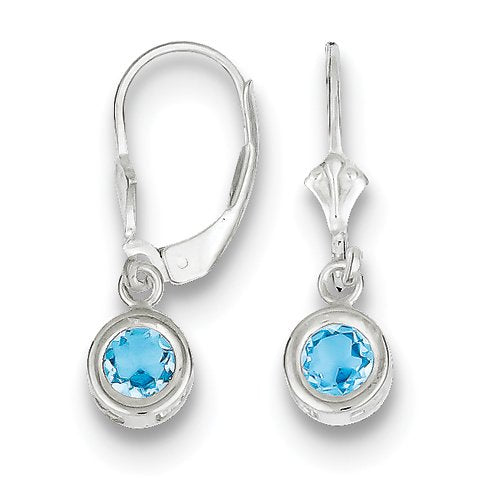 Sterling Silver Rhodium Plated 5mm Round Blue Topaz Leverback Earrings