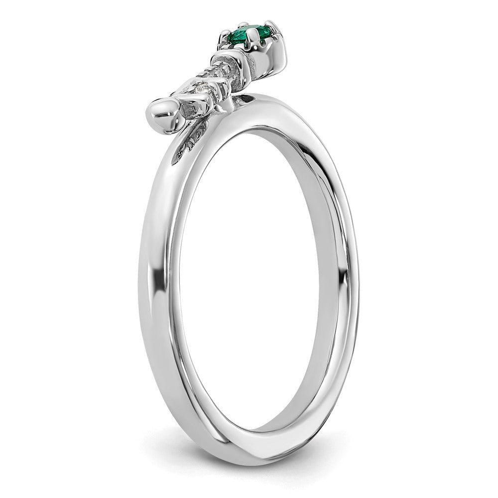 Sterling Silver Stackable Expressions Rhodium-plated Created Emerald and White Topaz Key Ring Size -9