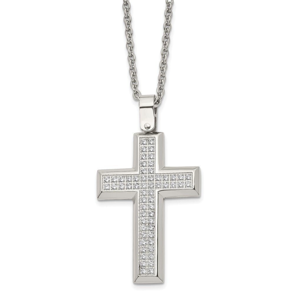 Stainless Steel Polished w/CZ Cross 24in Necklace