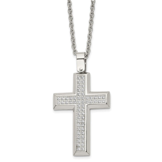 Stainless Steel Polished w/CZ Cross 24in Necklace
