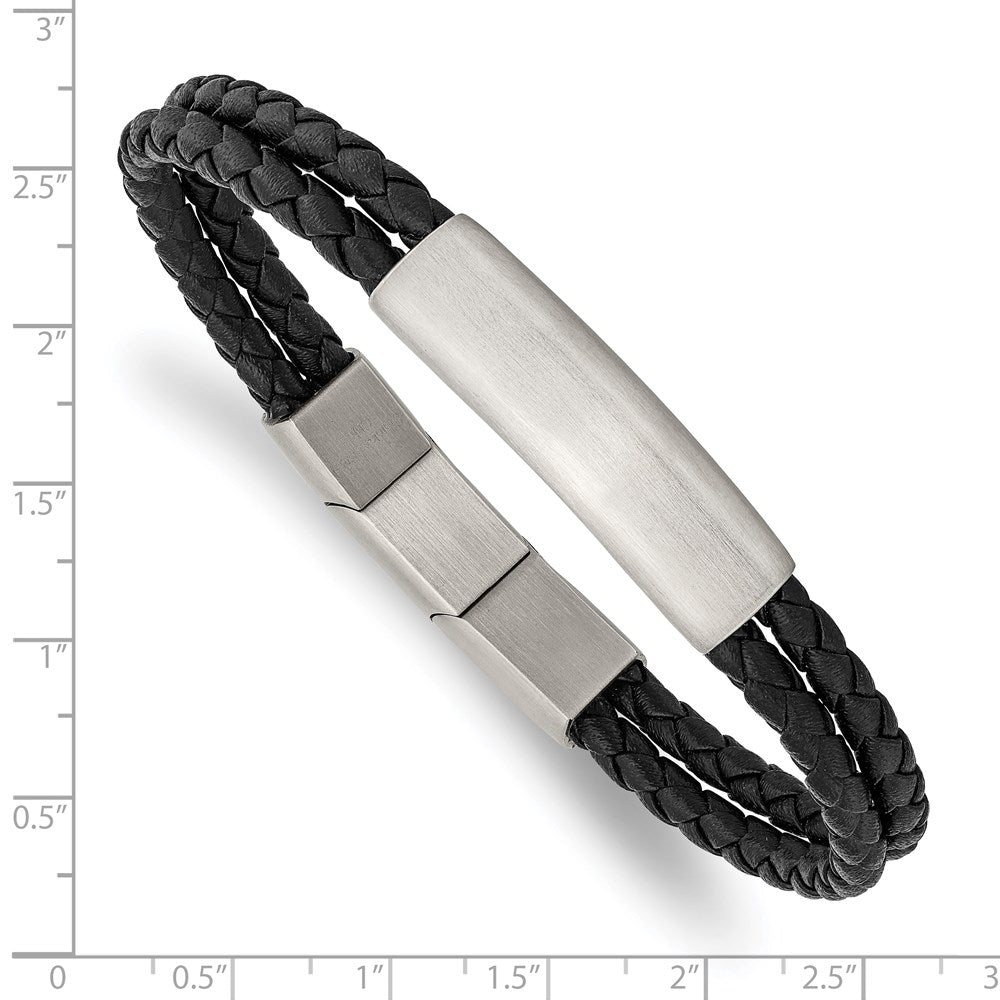 Stainless Steel Brushed Braided Black Leather w/.5in ext 8in Bracelet 8.5 inches