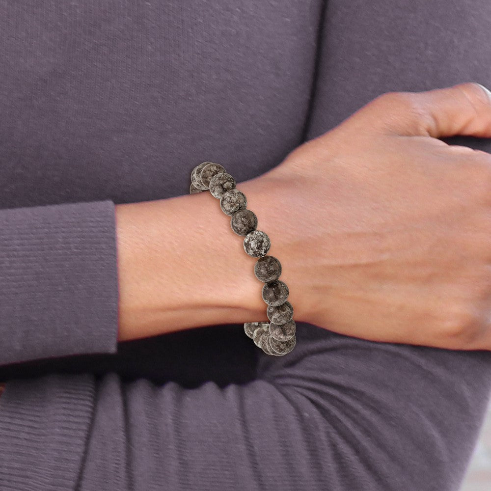 Grey Snowflake Agate Beaded Stretch Bracelet 6.75 inches