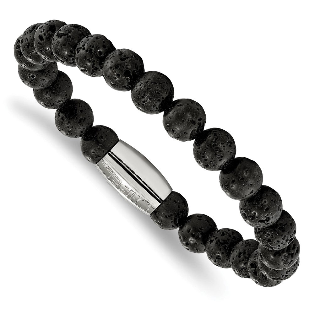 Stainless Steel Polished Lava Rock Beaded Stretch Bracelet 7.25 inches