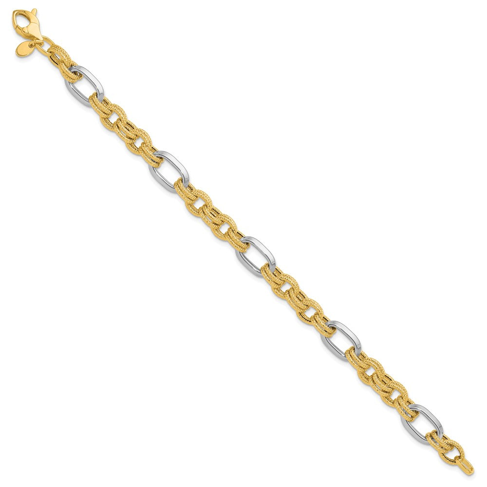 14K Two-tone Polished and Textured Fancy Link Bracelet 7.75  inches
