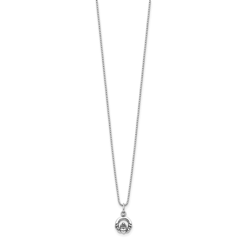 Sterling Silver Mini Antiqued Claddagh 14 Inch Necklace with Pink Gift Pouch