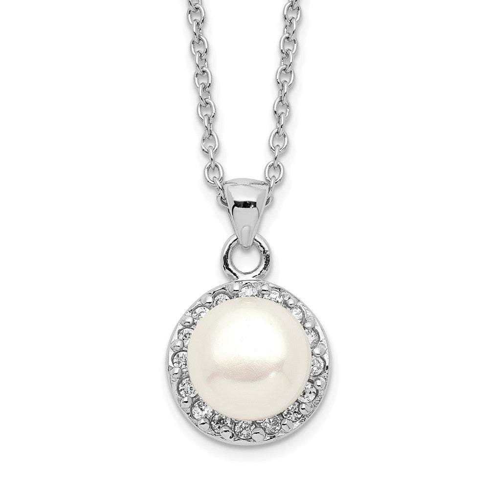 Sterling Silver Rhodium-plated 7-8mm White Button Freshwater Cultured Pearl and CZ 17 inch Necklace 17 Inches