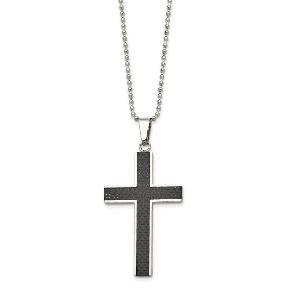 Stainless Steel Polished w/Black Carbon Fiber Inlay Cross 22in Necklace