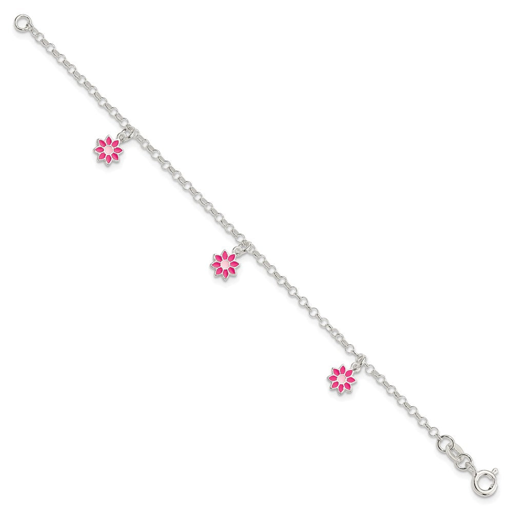 Sterling Silver Polished Pink Enameled Flowers Children's Bracelet 6 inches