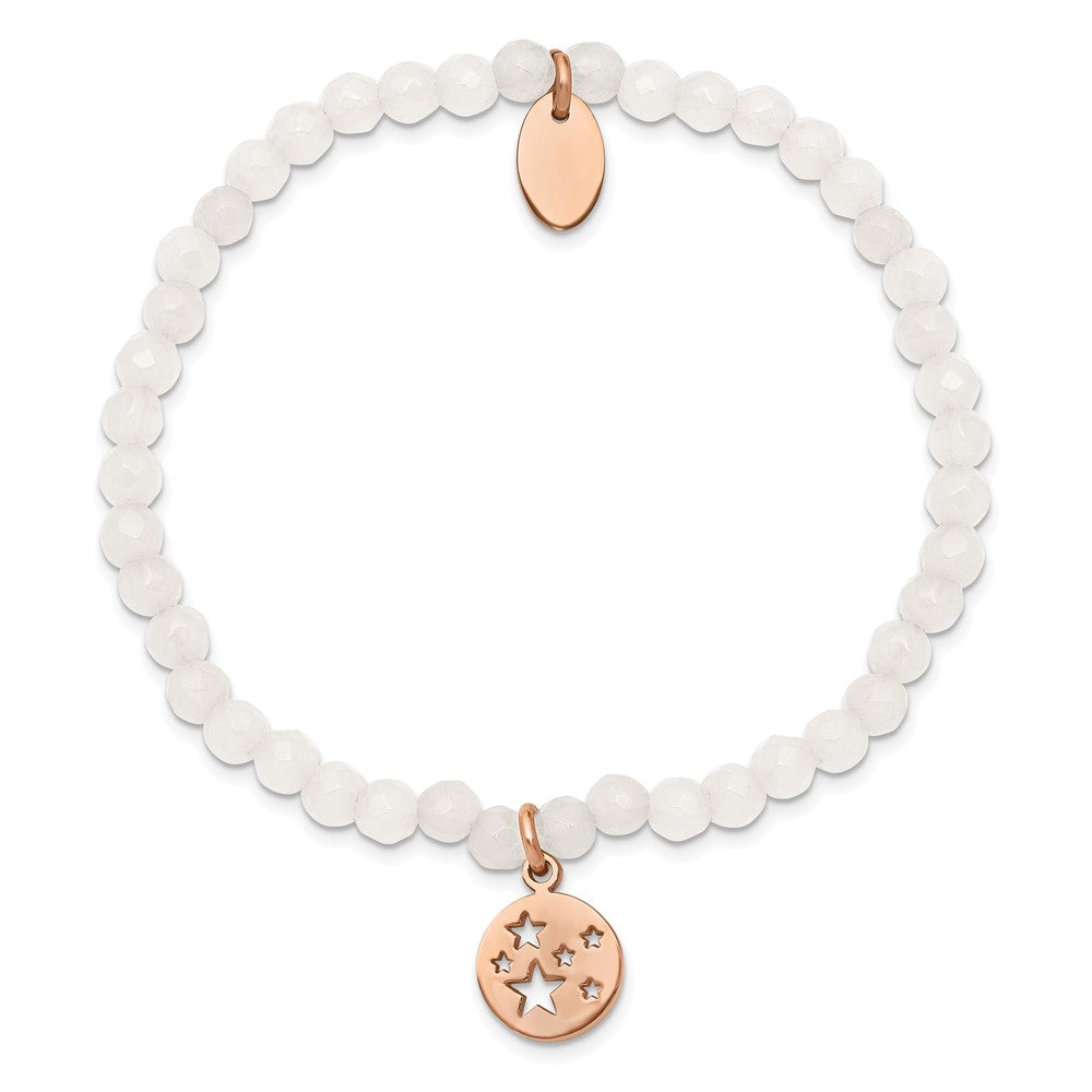 Stainless Steel Polished Rose IP Stars White Jade Beaded Stretch Bracelet 6.25 inches