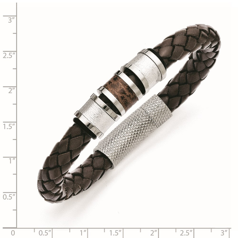 Stainless Steel Polished Brown Leather Black Rubber 8.25in Bracelet 8.25 inches