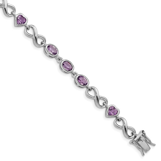 Sterling Silver Rhodium-plated Oval Heart Amethyst Bracelet 7 inches