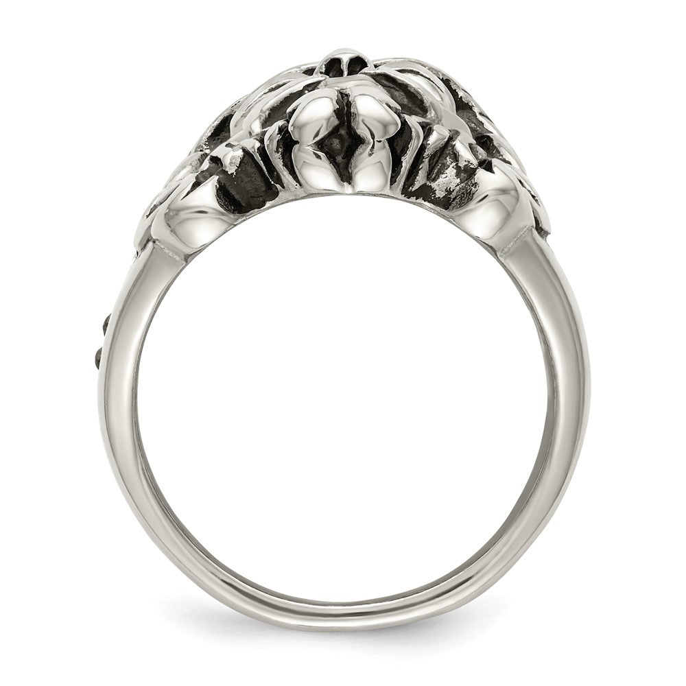 Stainless Steel Antiqued and Polished w/Black & White Crystal Jesus Ring Size - 10