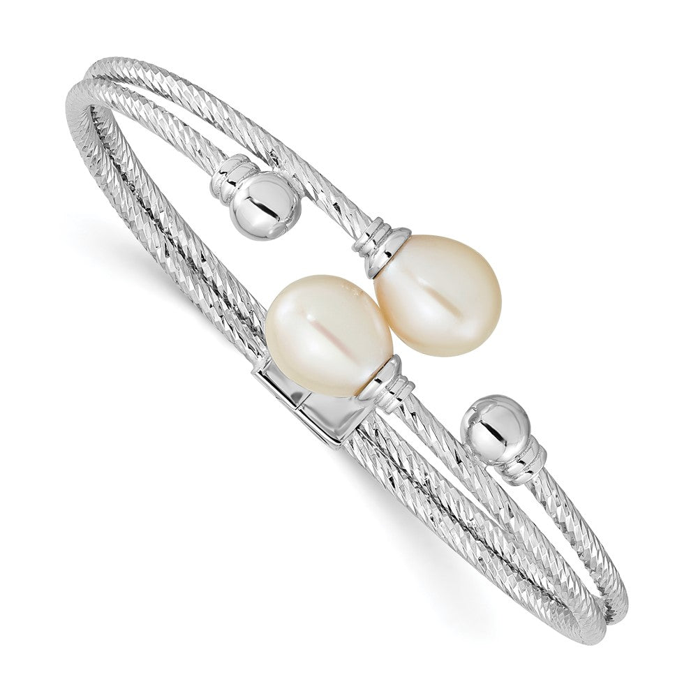 Sterling Silver Rhodium-plated White 8x10mm Teardrop Freshwater Cultured Pearl Hinged Bangle 6 inches