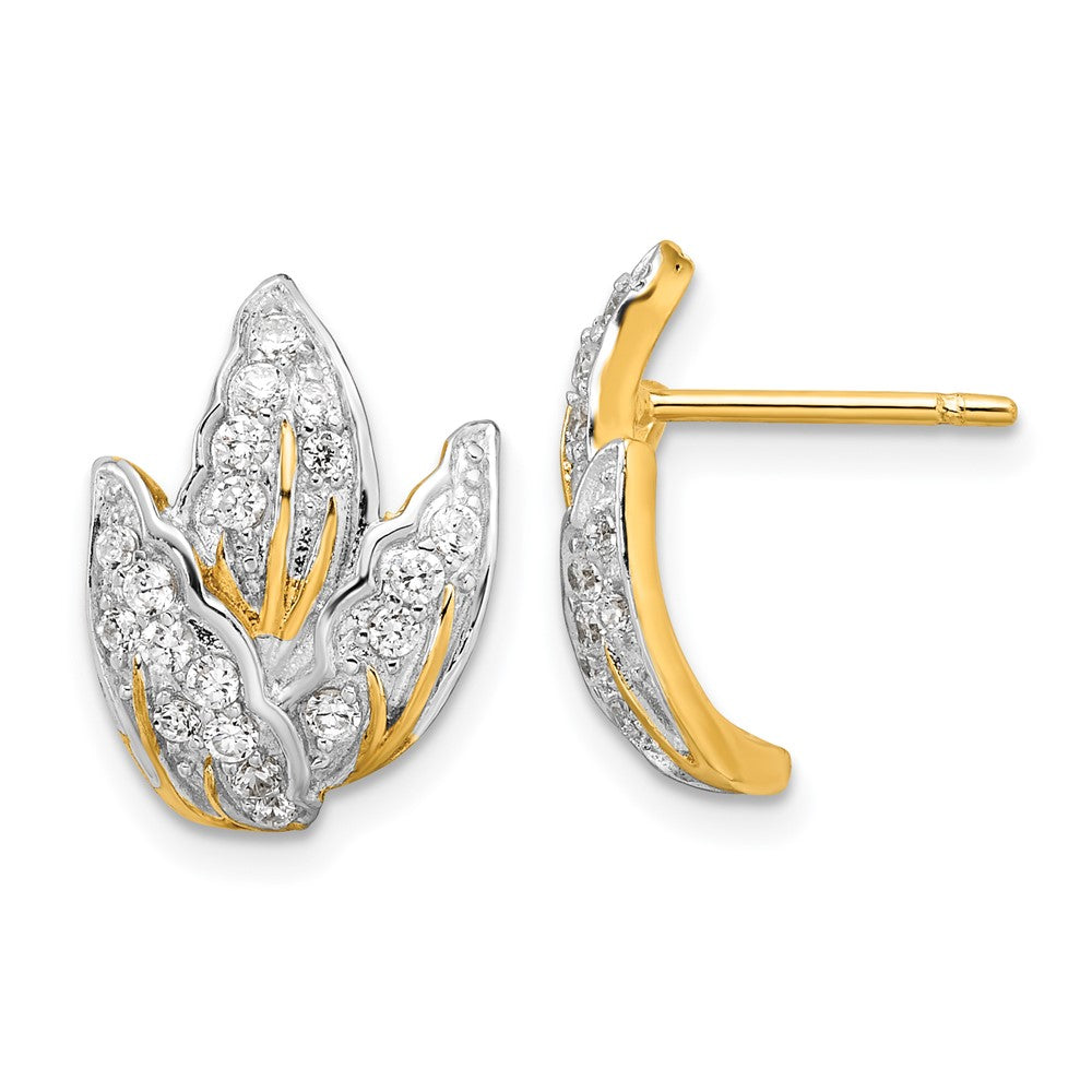 Sterling Silver Gold Tone CZ Leaf Post Earrings