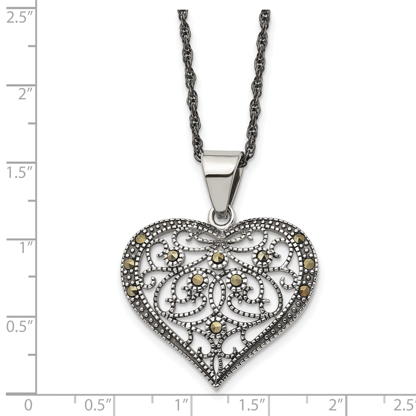Stainless Steel Antiqued and Polished w/Marcasite Heart 20in Necklace