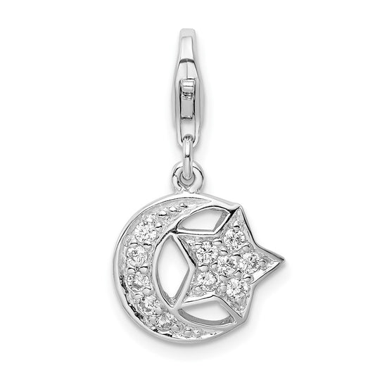 Amore La Vita Sterling Silver Rhodium-plated Polished CZ Moon and Star Charm with Fancy Lobster Clasp