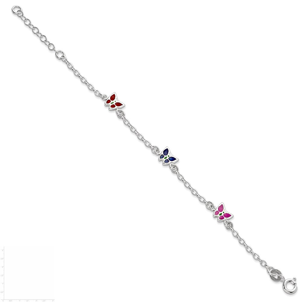 Sterling Silver Multi-color Enamel Butterfly w/ 1in ext. Children's Bracele