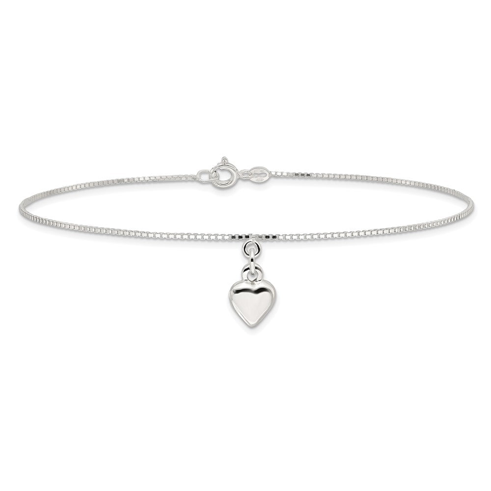 Sterling Silver 10inch Polished Puffed Heart Anklet 10 inches