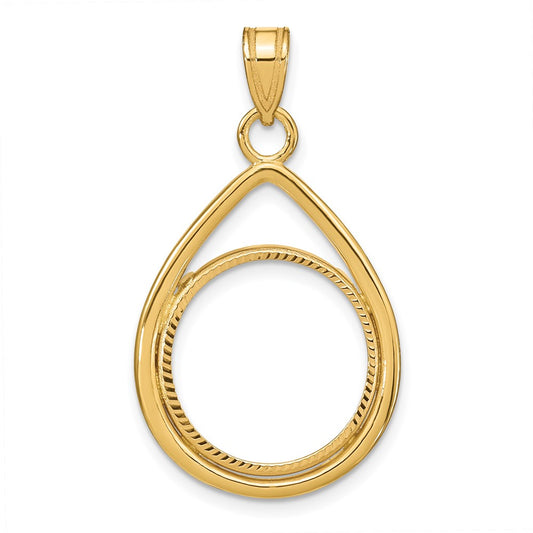 Wideband Distinguished Coin Jewelry 14k Polished and Diamond-cut Lightweight Teardrop 16.5mm Prong Coin Bezel Pendant