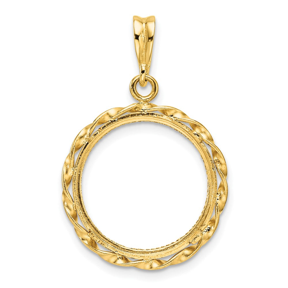 Wideband Distinguished Coin Jewelry 14k Polished Hand Twisted Ribbon and Diamond-cut 16.5mm Prong Coin Bezel Pendant