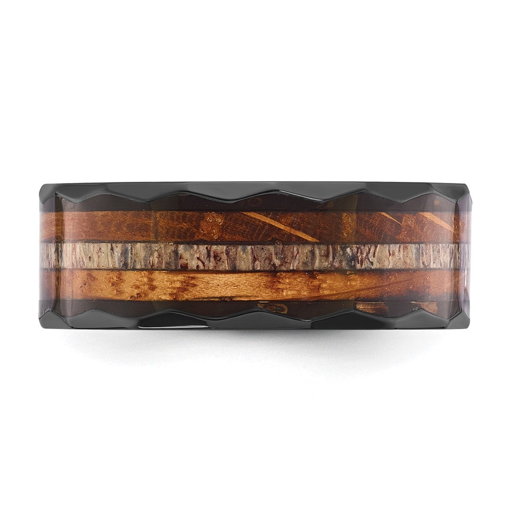 Chisel Black Zirconium Polished Faceted with Wood and Deer Antler Inlay 8mm Band Size - 8