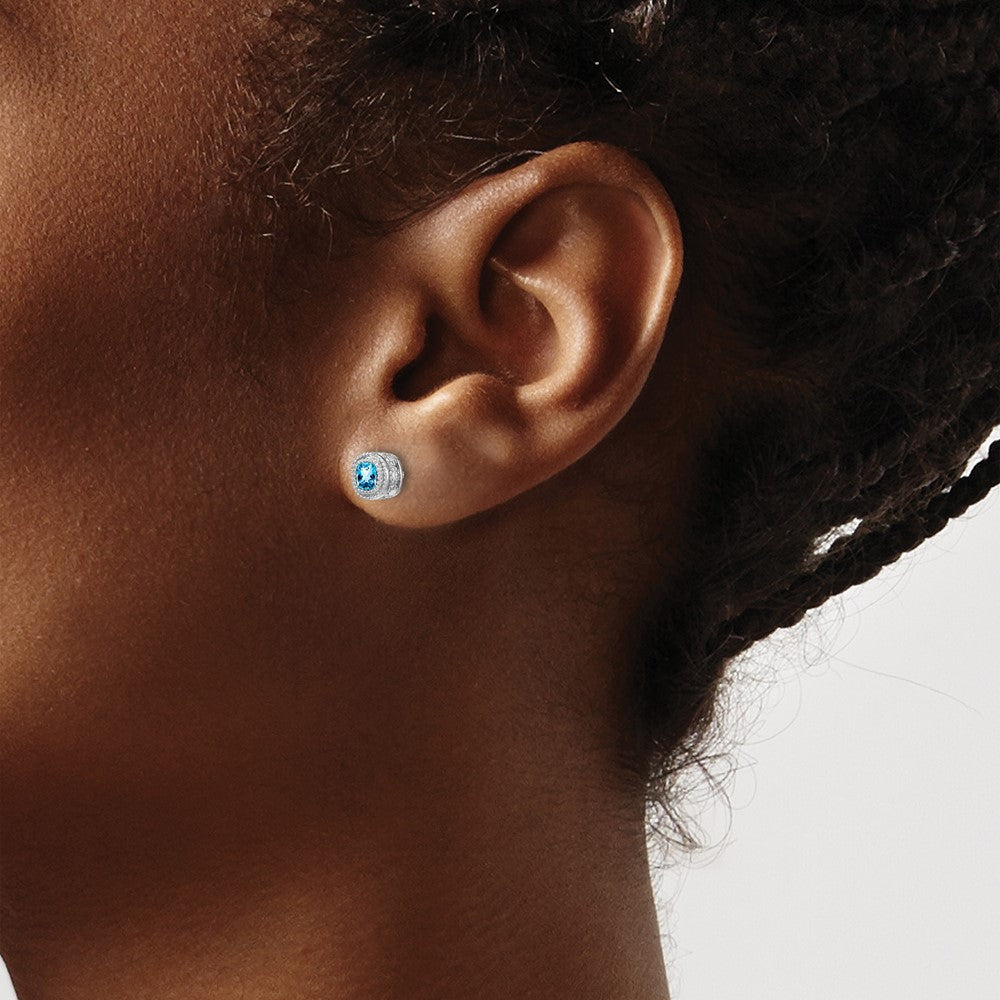 14k White Gold Cushion Blue Topaz and Diamond Earrings