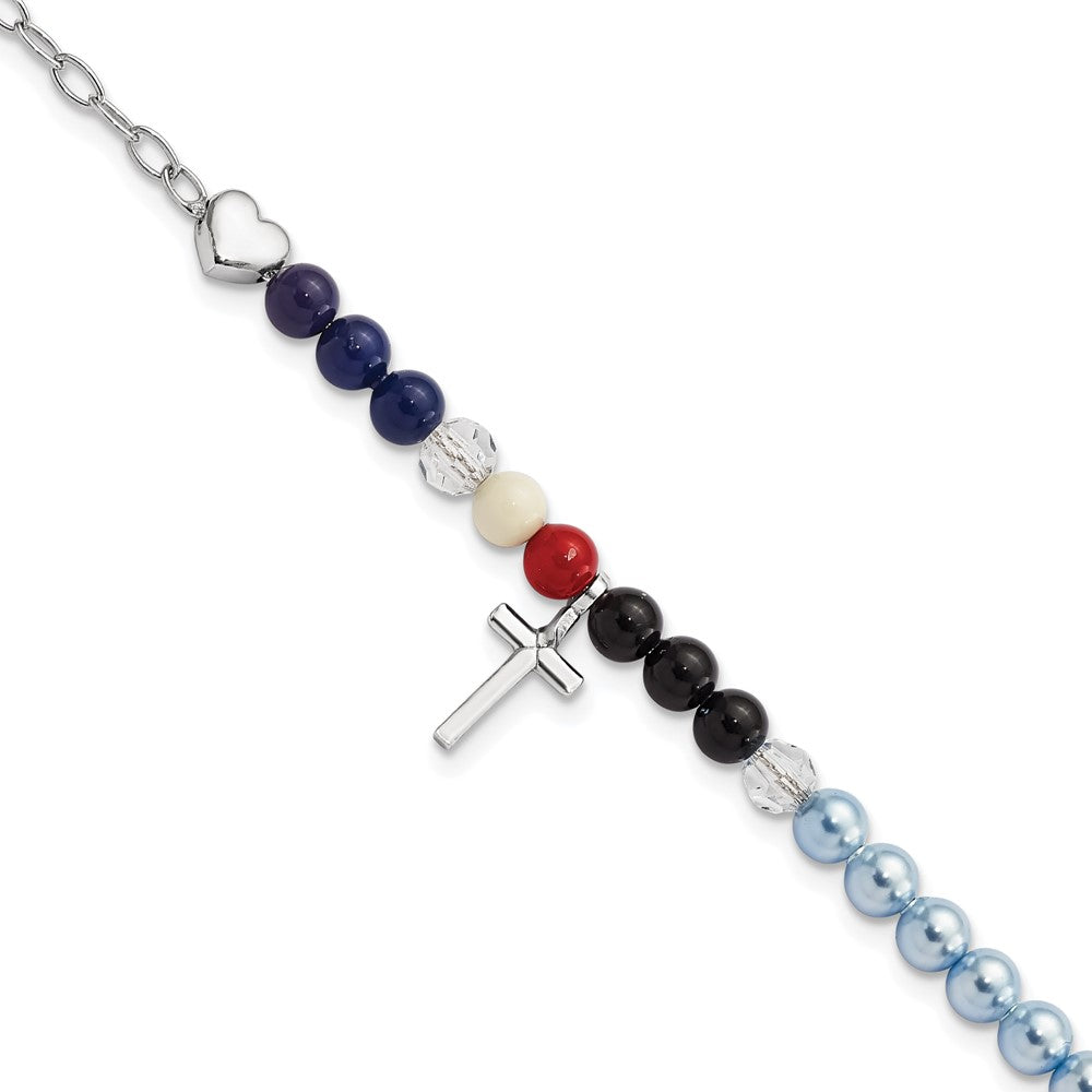 AMEN Sterling Silver Jesus' Story Multi Glass Pearl Onyx Agate Crystals Cross 6 Inch Fancy Lobster Clasp Bracelet with 2 inch Extender 8 inches