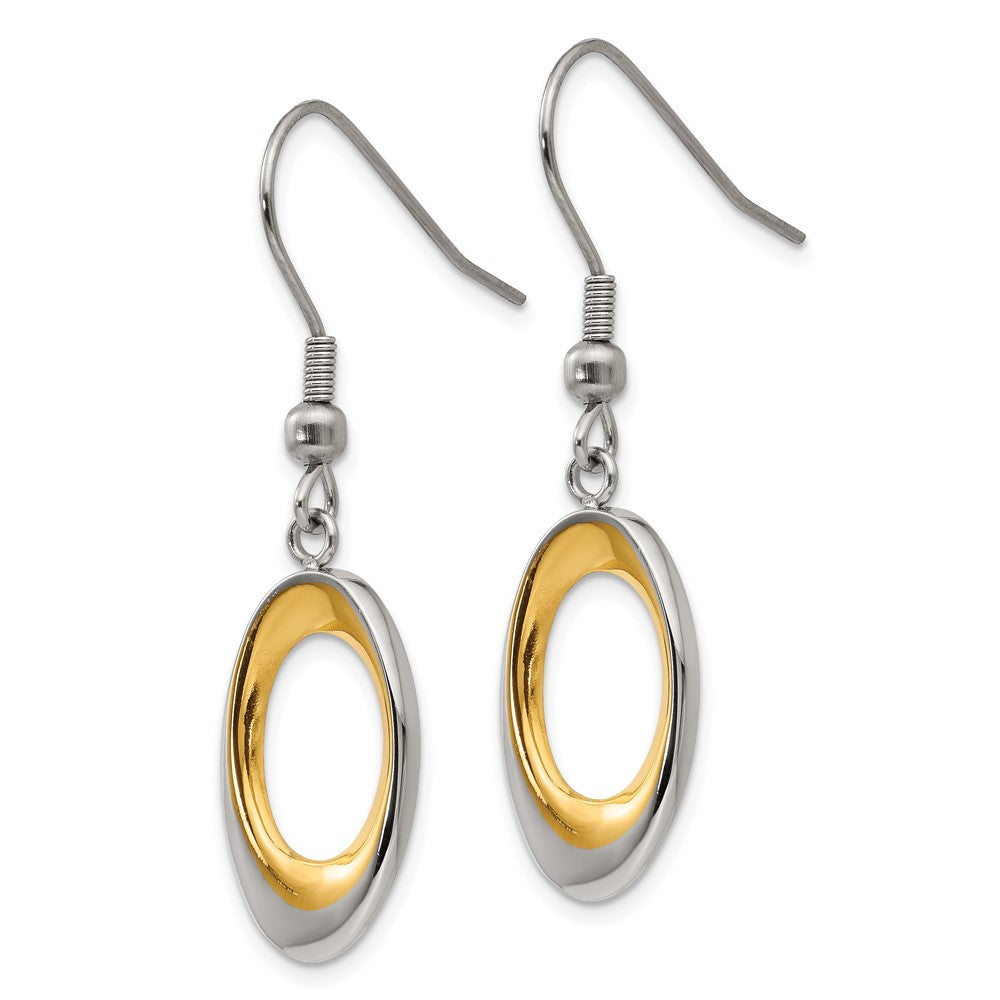 Stainless Steel Polished Yellow IP Oval Dangle Shepherd Hook Earrings