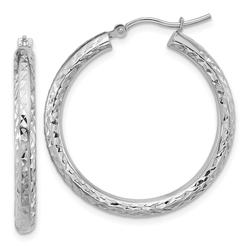 14K White Gold Diamond-Cut 3mm Round Hoop Earrings