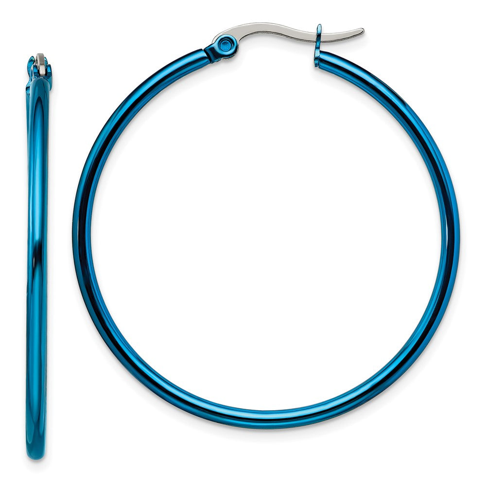 Stainless Steel Polished Blue IP-plated 42mm Diameter Hoop Earrings