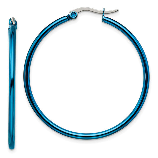 Stainless Steel Polished Blue IP-plated 42mm Diameter Hoop Earrings