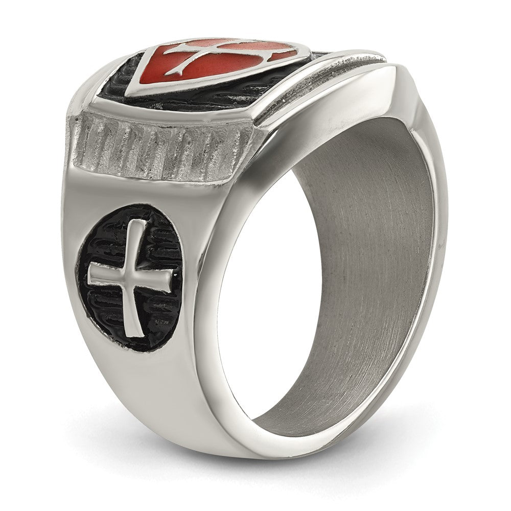Stainless Steel Antiqued and Polished w/Red Enamel Cross/Shield Ring Size - 10