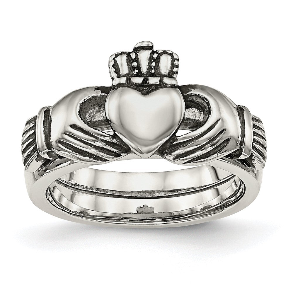Stainless Steel Antiqued Love, Loyalty, Friendship Claddagh Hinged Ring Size - 9