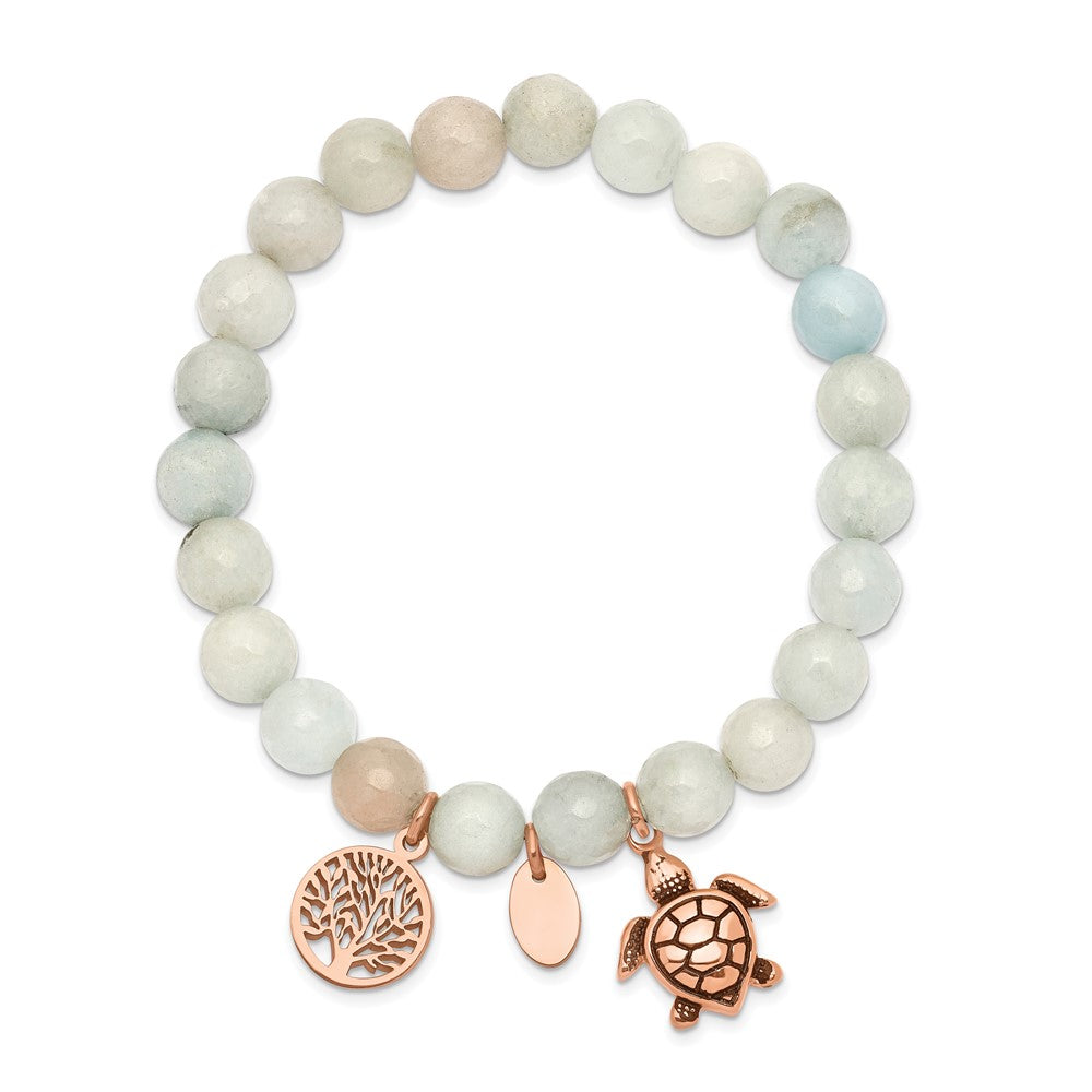 Stainless Steel Antiqued&Polished Rose IP Blue/Grey Dyed Jade Bracelet 6.25 inches