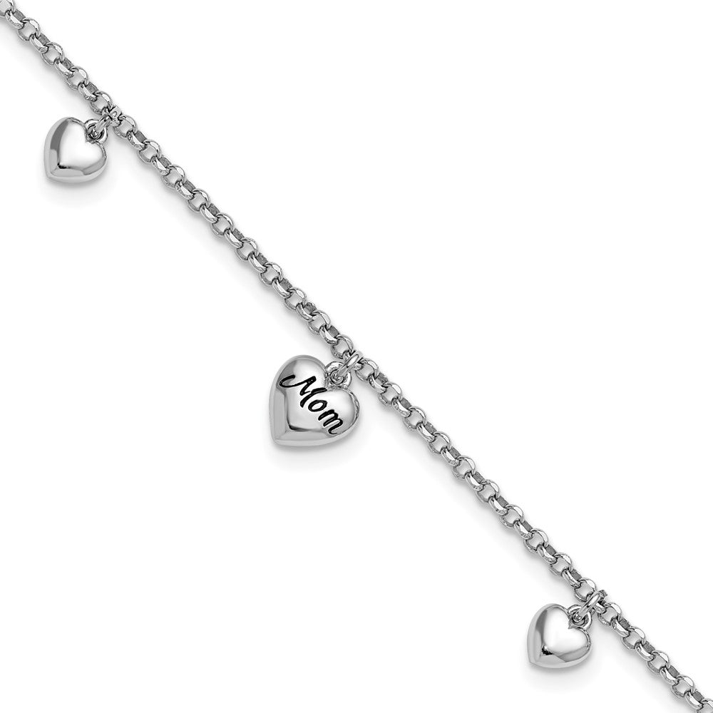 Sterling Silver Rh-plat Heart Enamel Mom Heart 6.5in w/.75in ext Bracelet 7.25 inches