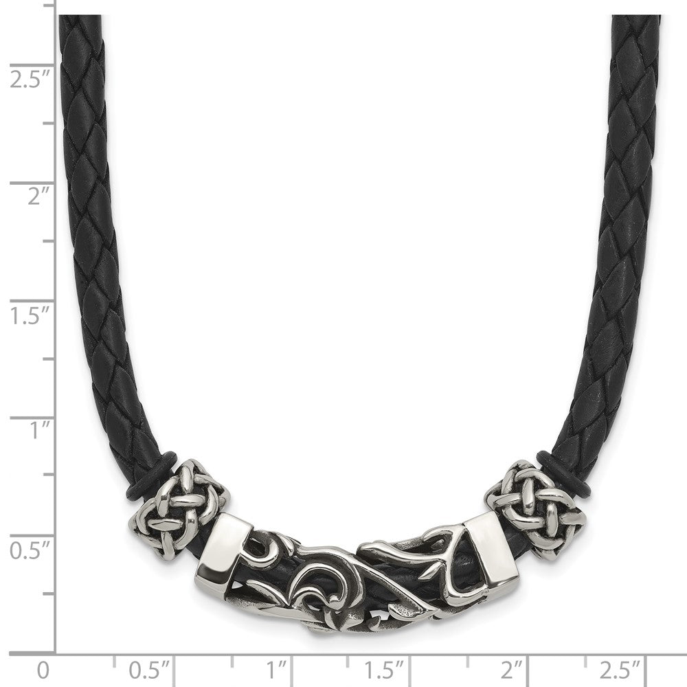Stainless Steel Black Leather w/Antiqued Beads 19.75in Necklace