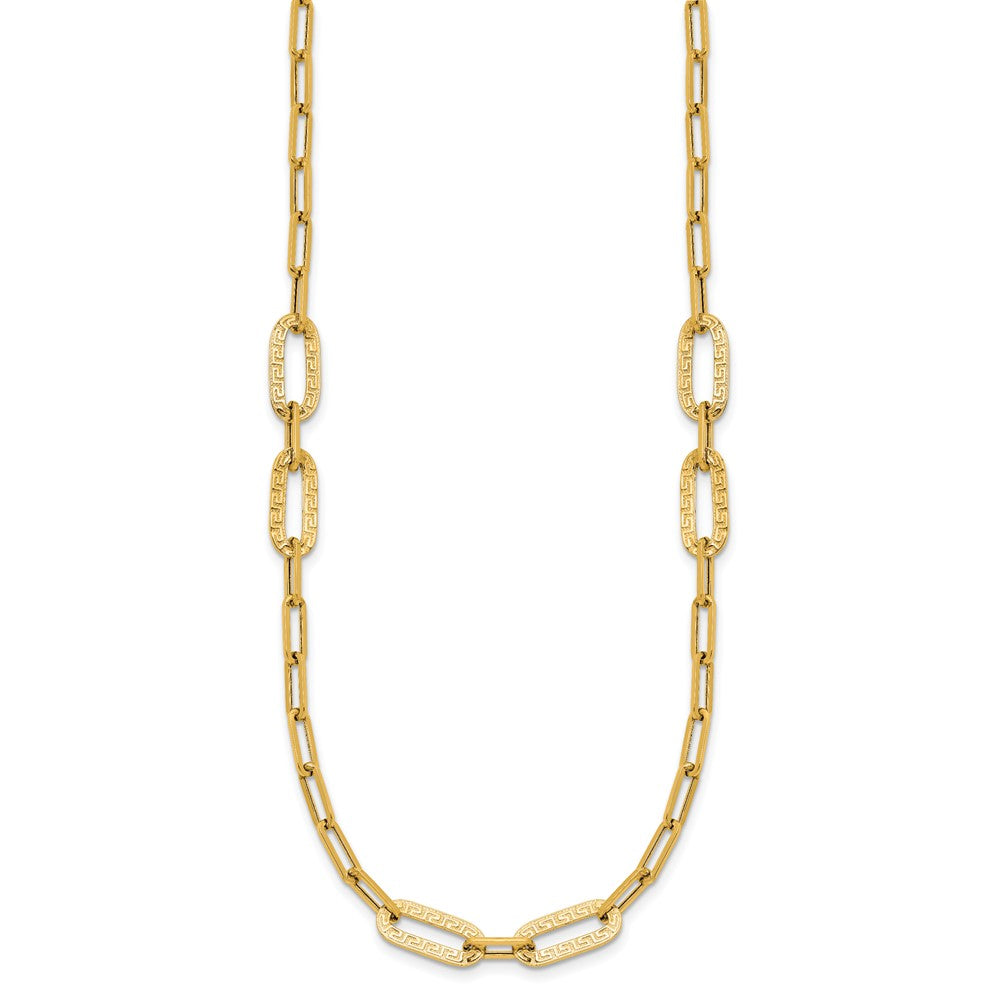 14K Polished Textured Greek Key Paperclip Link Necklace