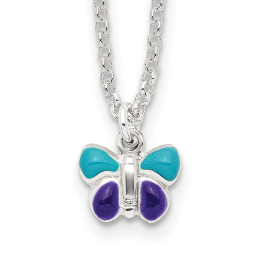 Sterling Silver Polished Blue & Purple Enameled Butterfly with 1.5inch Extension Children's Necklace 15 Inches