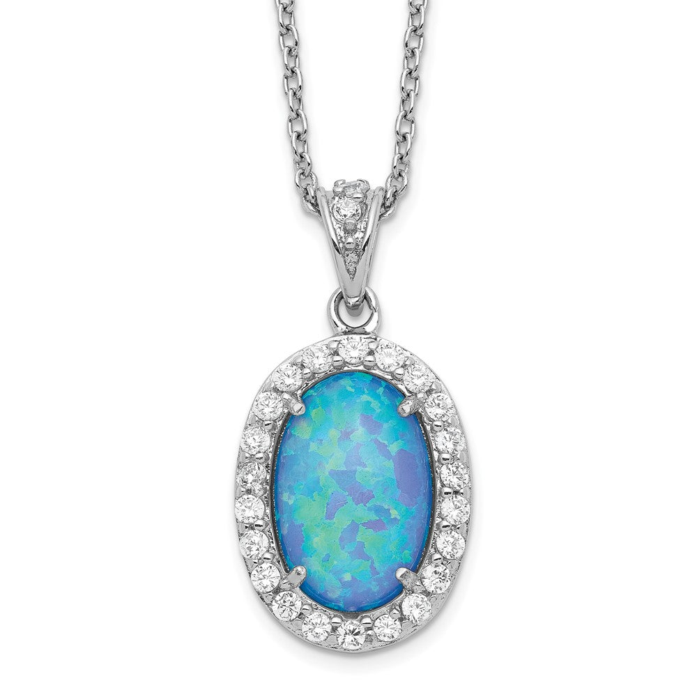 Cheryl M Sterling Silver Rhodium-plated Cabochon Lab Created Blue Opal and Brilliant-cut CZ Oval 18.5 Inch Necklace 18.5 Inches