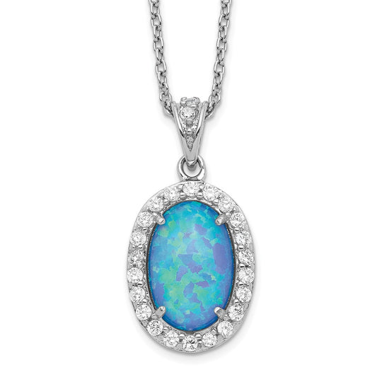 Cheryl M Sterling Silver Rhodium-plated Cabochon Lab Created Blue Opal and Brilliant-cut CZ Oval 18.5 Inch Necklace 18.5 Inches