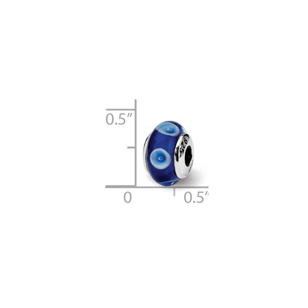 Kids Collection Sterling Silver Hand-blown Blue with White Dots Pattern Glass Reflections Bead