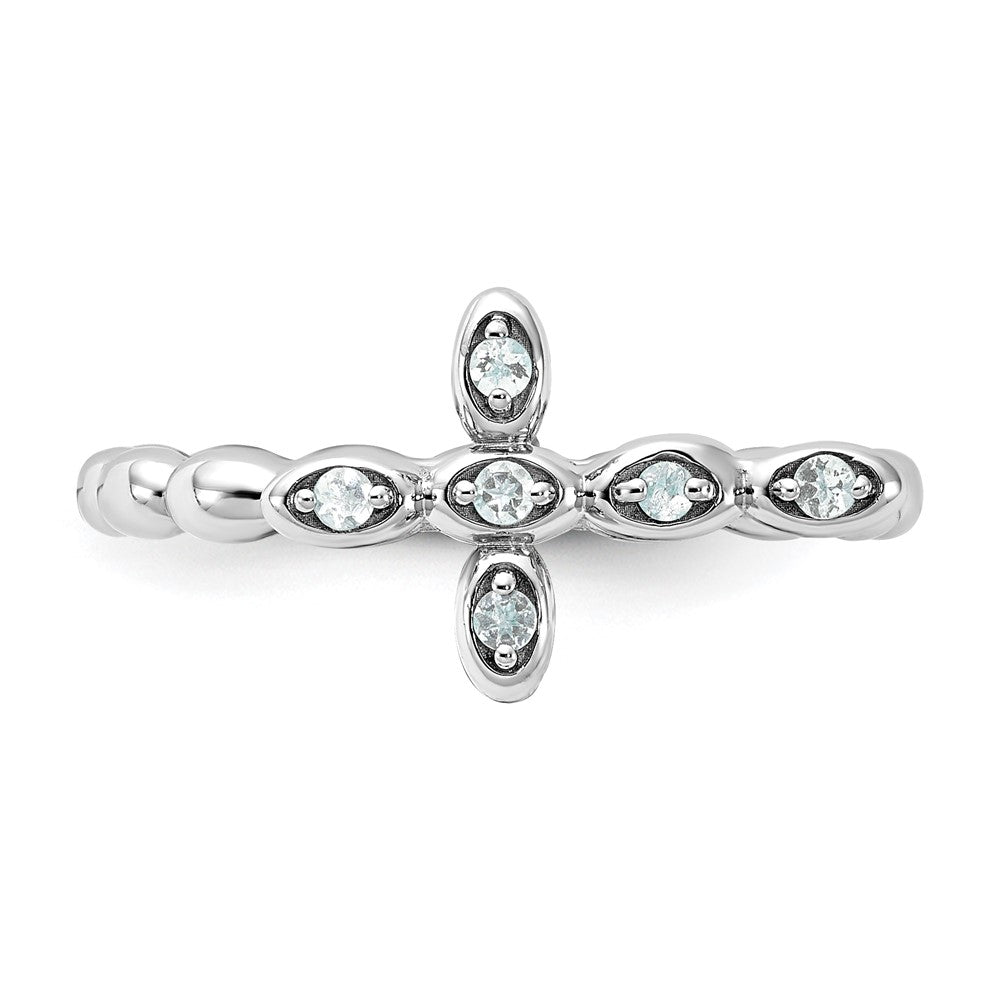 Sterling Silver Stackable Expressions Rhodium-plated Aquamarine Cross Ring Size -7