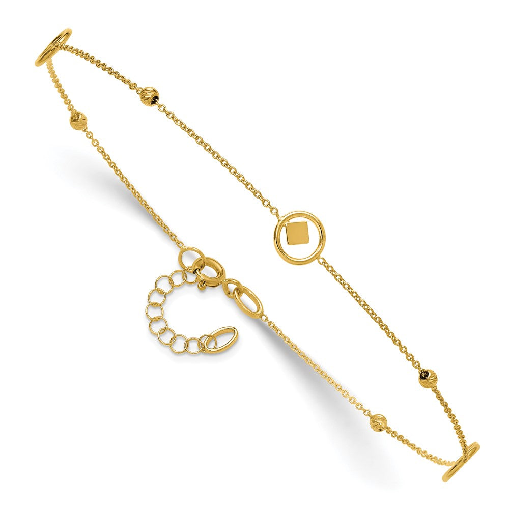 14K Polish/Dia-cut Geometric Bead 9in Plus 1in ext. Anklet